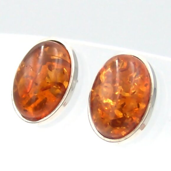 Cognac Amber Stud Earrings Surgical Steel Hypoallergenic Bezel Set Sensitive Ear - Picture 1 of 6